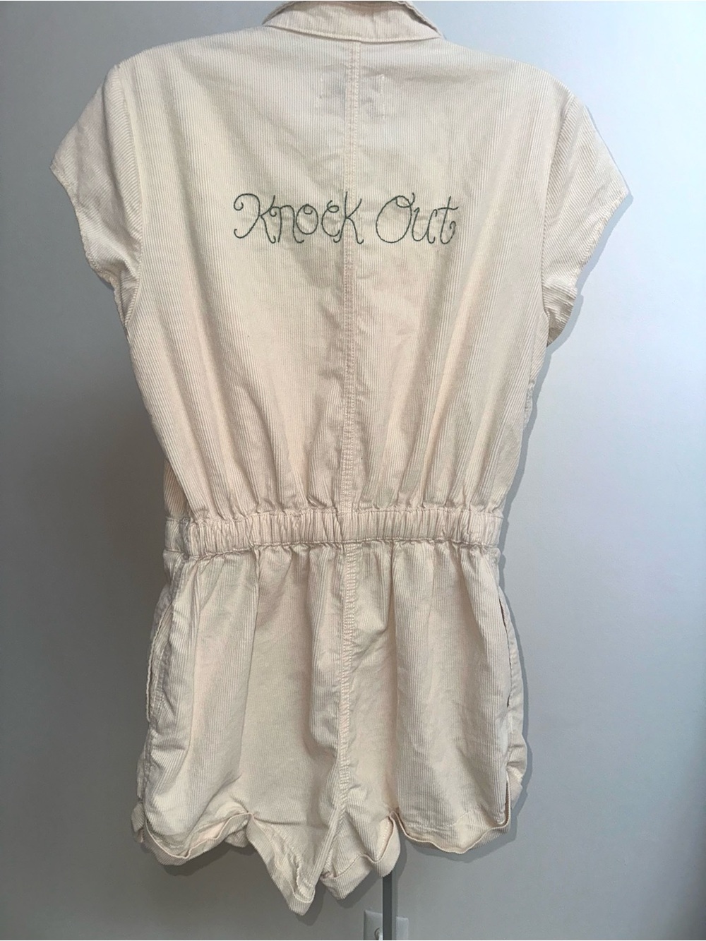Urban Outfitters Cream Corduroy Short-Sleeve Romper with Green Heart Detail